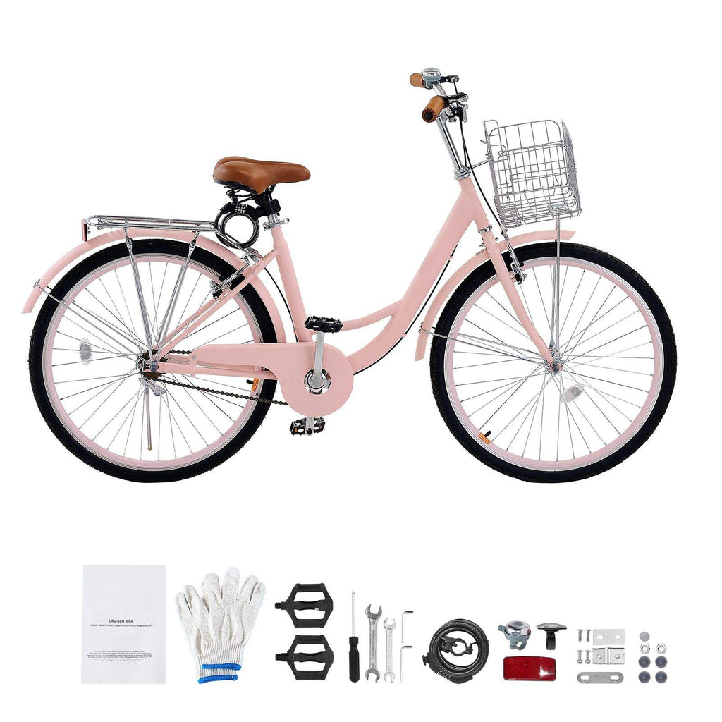 26-Inch Pink Beach Cruiser Bike | 1-Speed Comfort Bicycle with Front Basket & Rear Cargo Rack