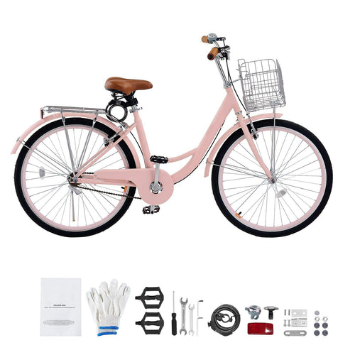 26-Inch Pink Beach Cruiser Bike | 1-Speed Comfort Bicycle with Front Basket & Rear Cargo Rack